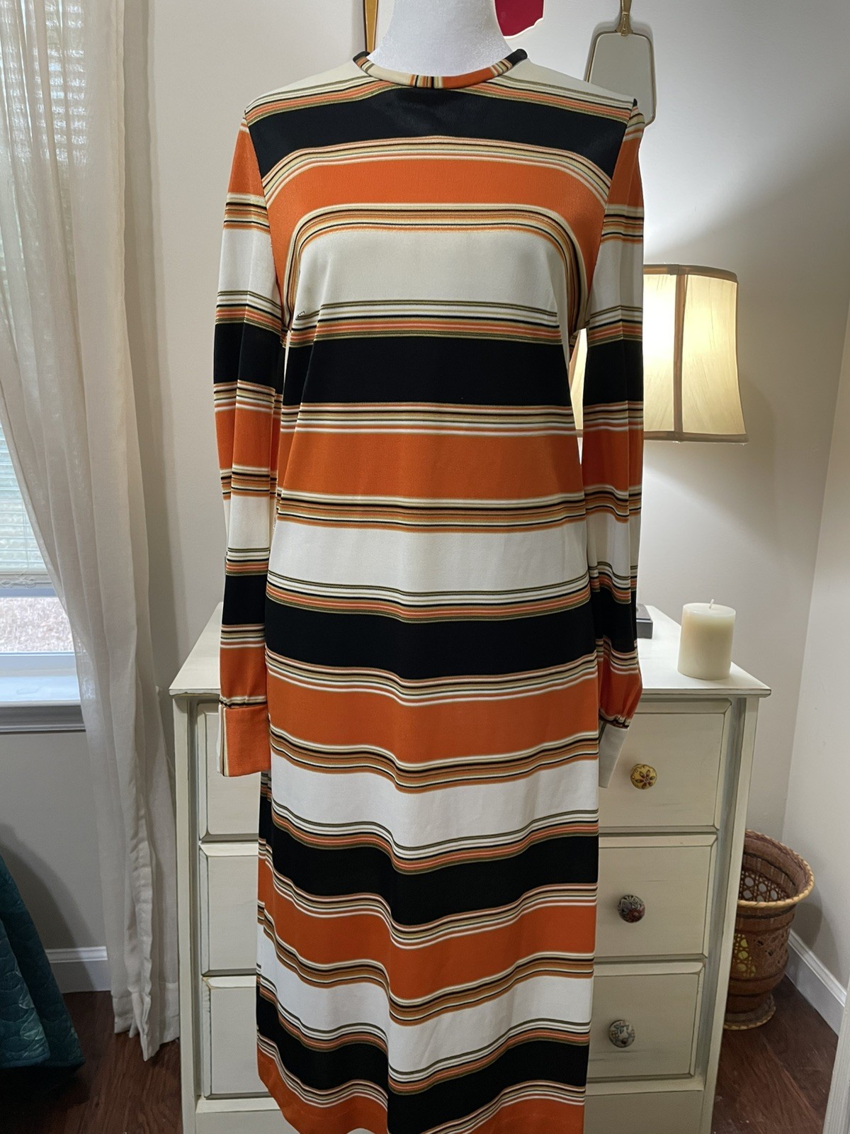 Hand Sewn Vtg 70s Midi Dress Orange Brown Yellow Sm/6 Long Sleeve Back Zipper **