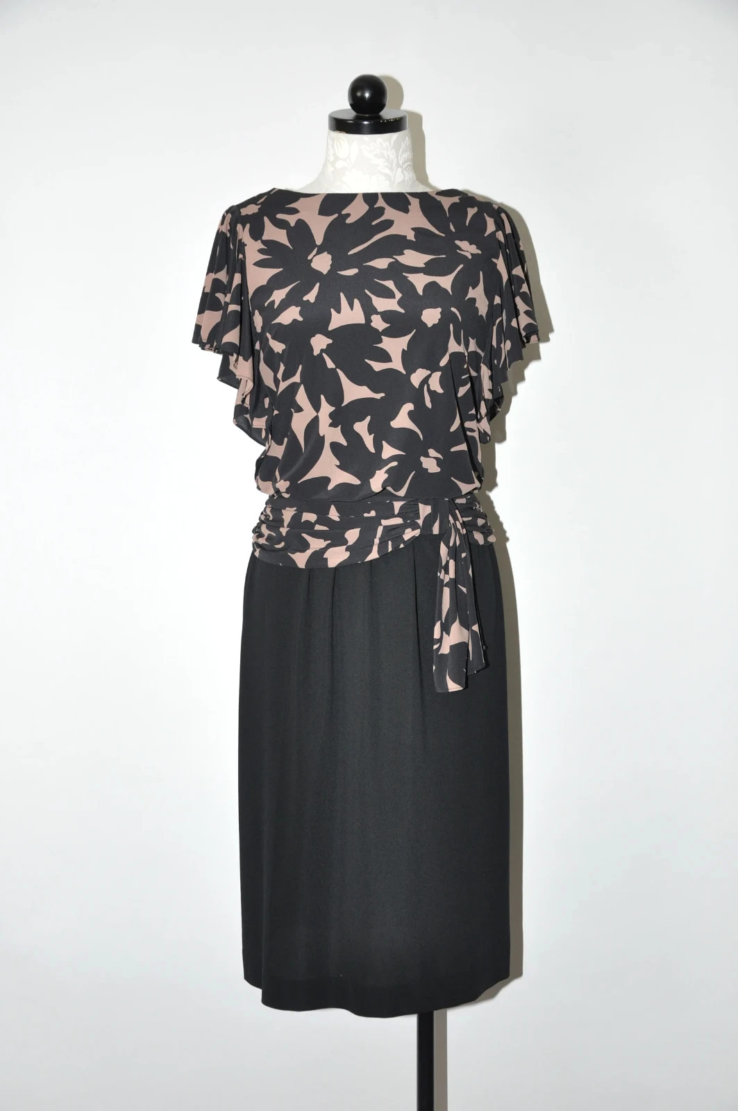 80s Vintage Black Beige Floral Print Back Buttons Draped Midi Dress Women S M
