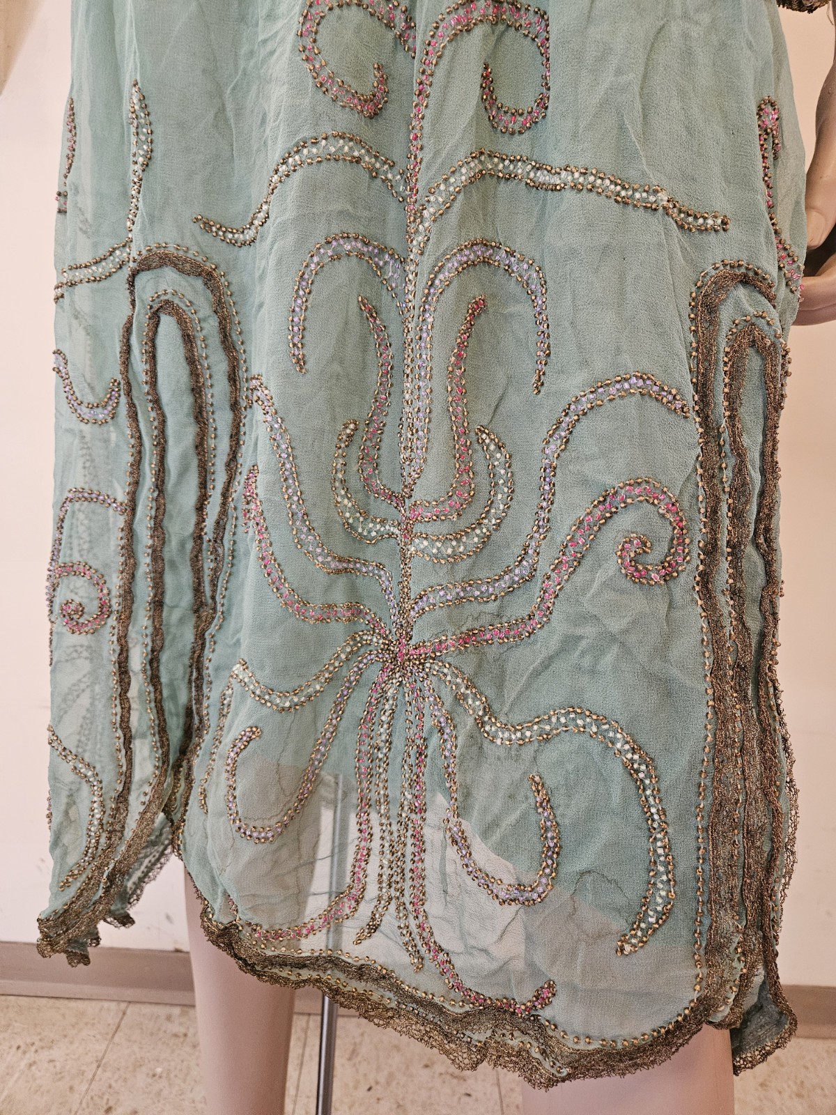 Antique 1920s French Beaded Flapper Dress Gold Lace Vintage Art Deco Bust 36