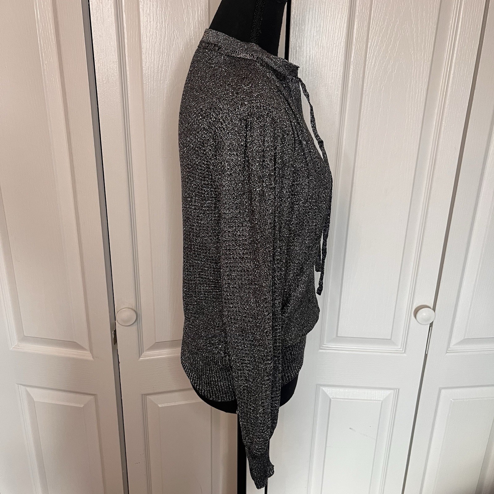 Vintage 70s JOYCE Metallic Knit Blouse Sz M Black Silver Glam Disco Boho Tie