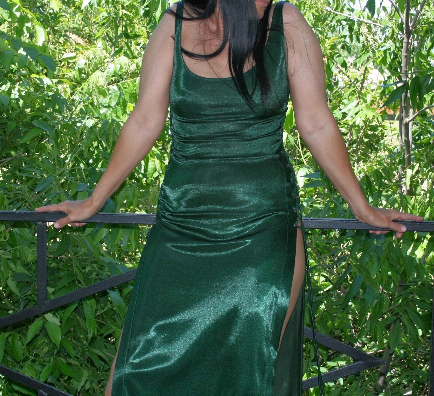 vintage early 90s sleek, sexy, long green dress, side slit & side lace up S/M