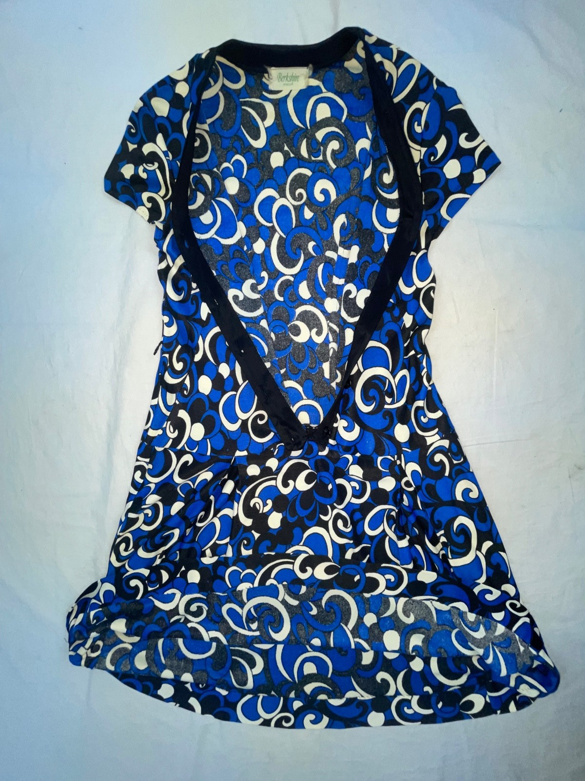 VTG 60s 70s WOMENS S BERKSHIRE BLUE GEOMETRIC DISCO RETRO BUTTON PARTY DRESS