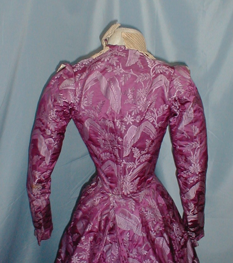 Majestic Antique Evening Dress Victorian 1890 Leaf & Floral Print Copper Satin
