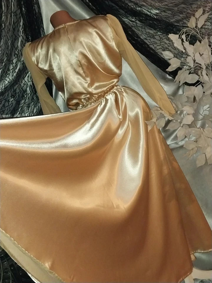 VTG REAL SATIN GOLD LAME 400&Prime; SWEEP 40S STYLE Wedding EVENING MAXI GLAM Dress 38