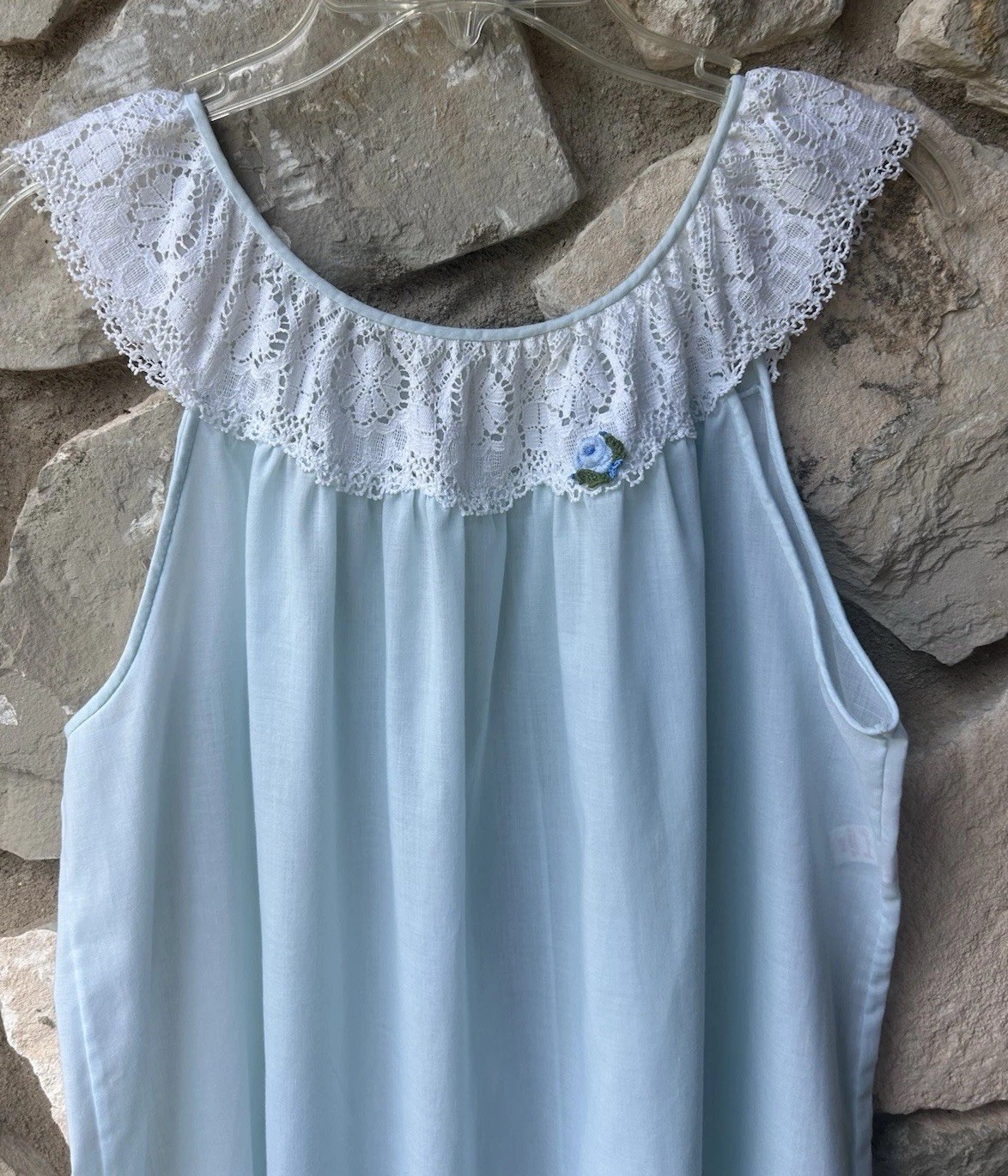 Vintage GILEAD Nightgown Large Blue Lace Trim Pullover Full Length Sleeveless
