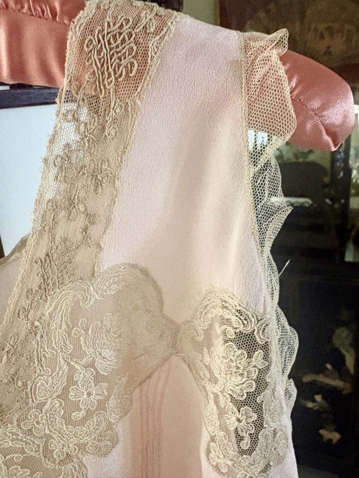 1930s Pink Silk and Lace Maxi Flapper Slip Dress with applique flowers