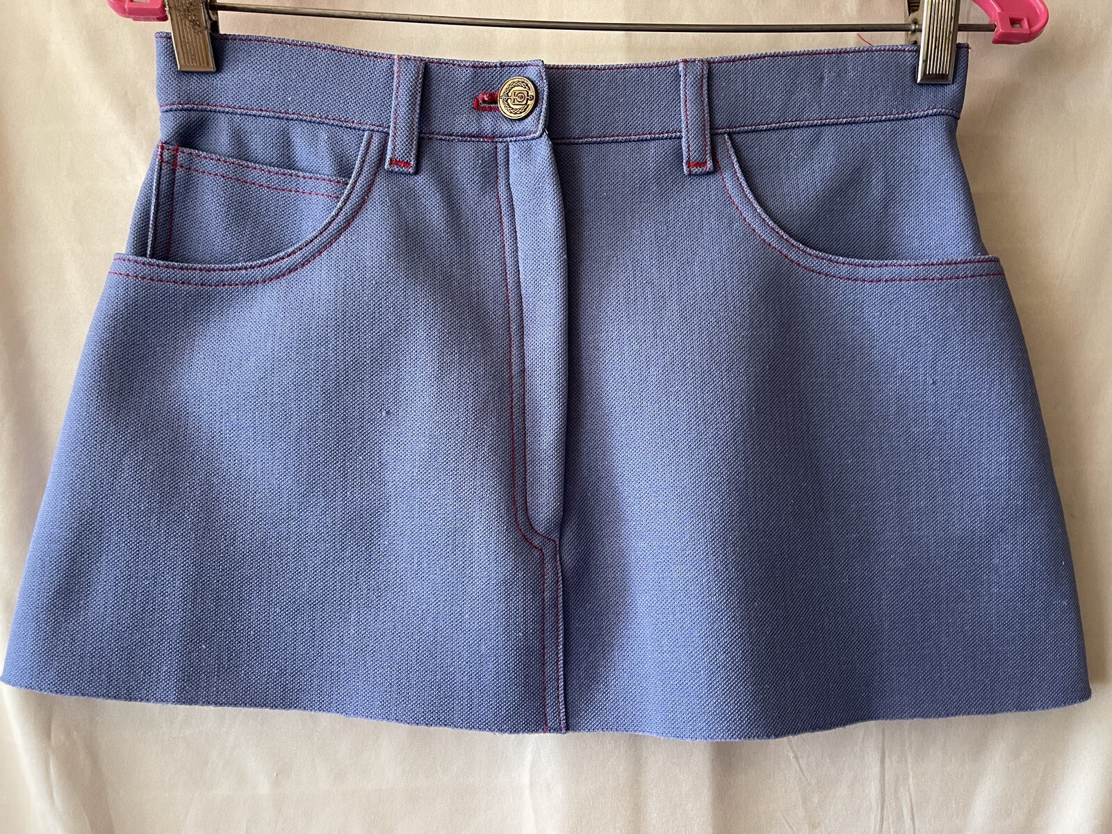 VINTAGE 70&rsquo;S GRAFF CALIFORNIA WEAR BLUE POLY SHORT MINI SKIRT, 28&Prime; WAIST, EUC