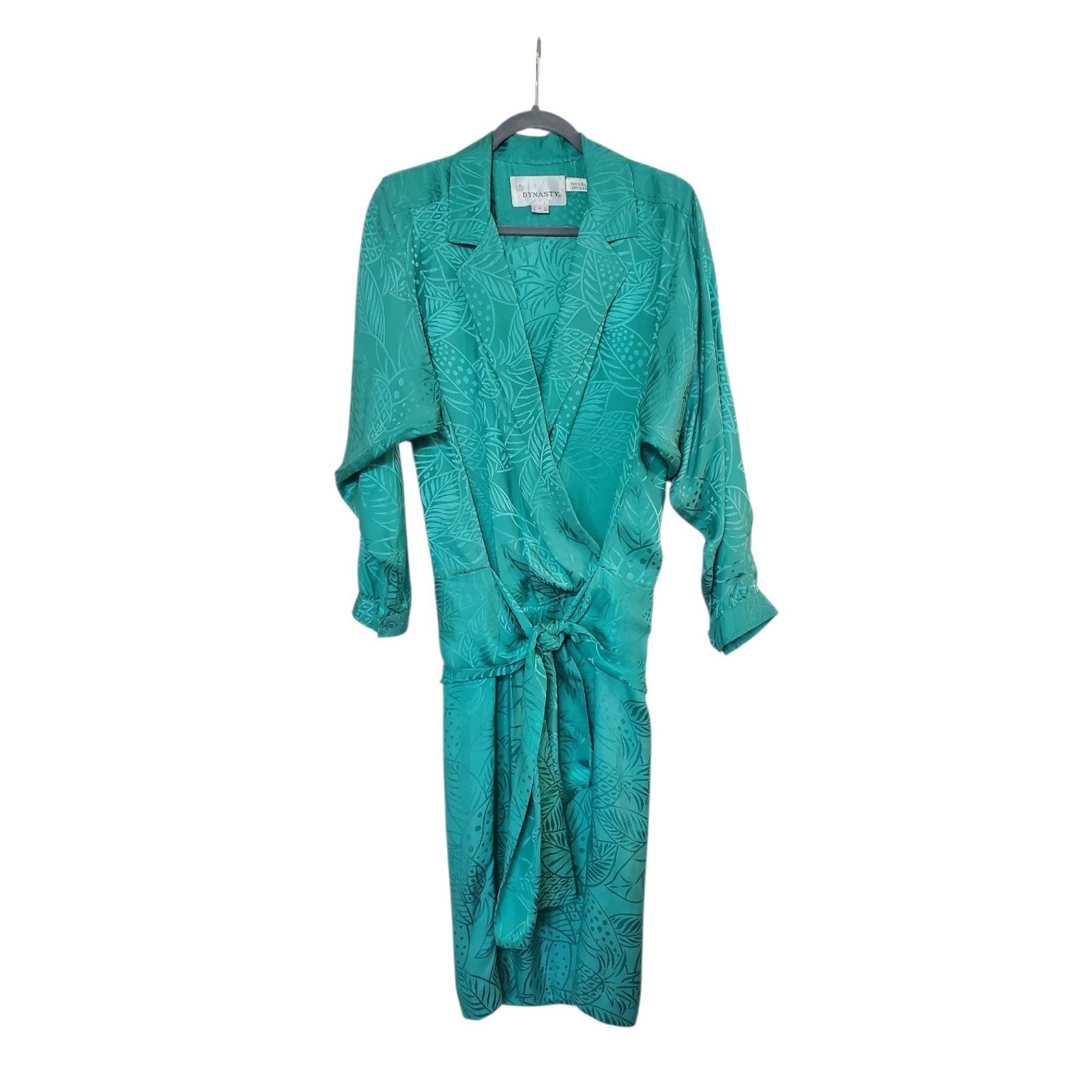 Vintage Dynasty Green 100% Silk Blouson Tie Waist Satin Retro Mini Dress, Size 8