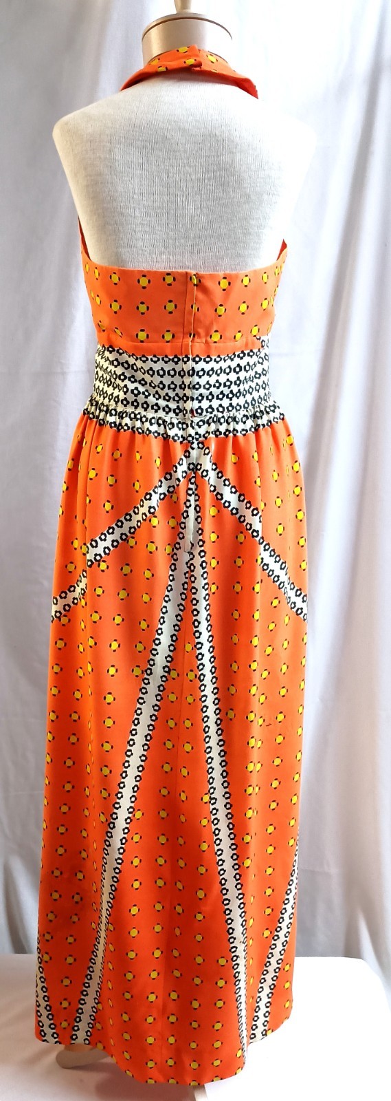 Vtg 60&rsquo;s- 70s Kiva Ltd Orange Multi Dot Print Halter Maxi Dress Vintage Size 14