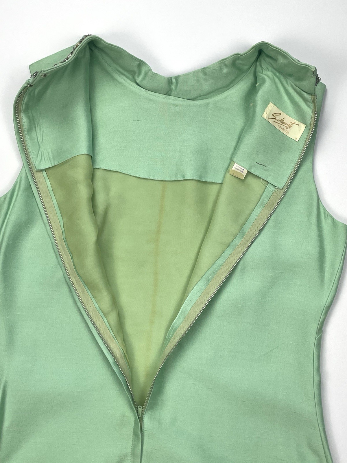 Vtg 60s Sakowitz Mint Green Dress Jacket Set Beaded Rhinestone Collar Suit Sz 12