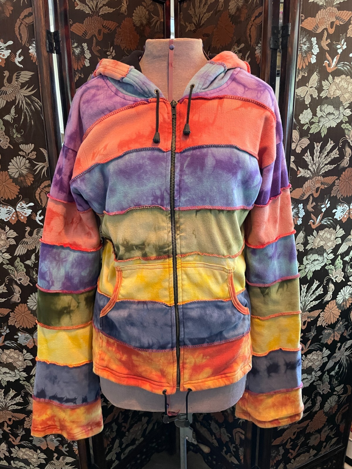 Vtg Hippy Chick Bohemian Tie Dyed Full Zip Up Hoodie Made In Nepal Womens XL