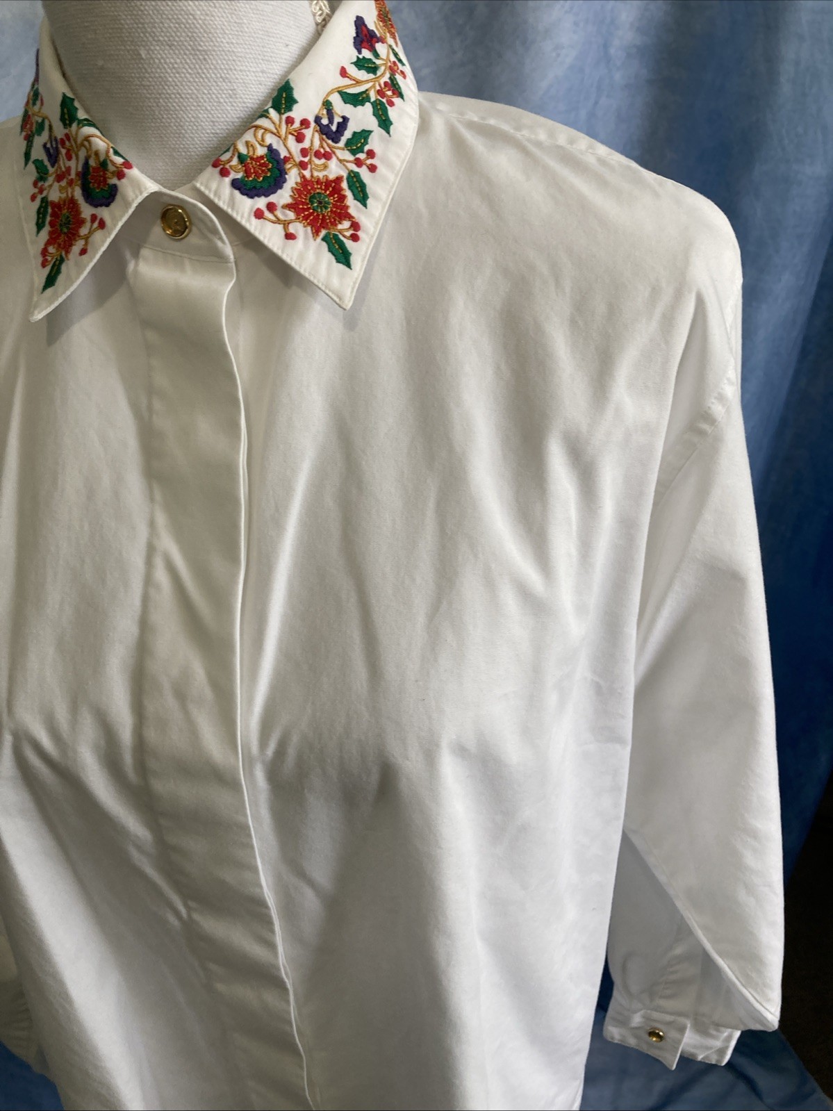 VTG 80s 90s Jacobsons White Embroidered Collar Blouse Christmas Floral Secretary