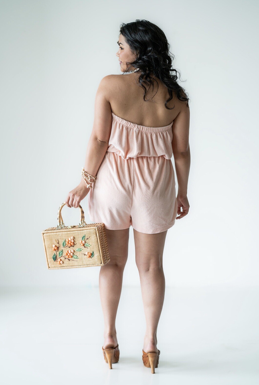 70’s Light Peach Terry Cloth Romper Strapless Jumper