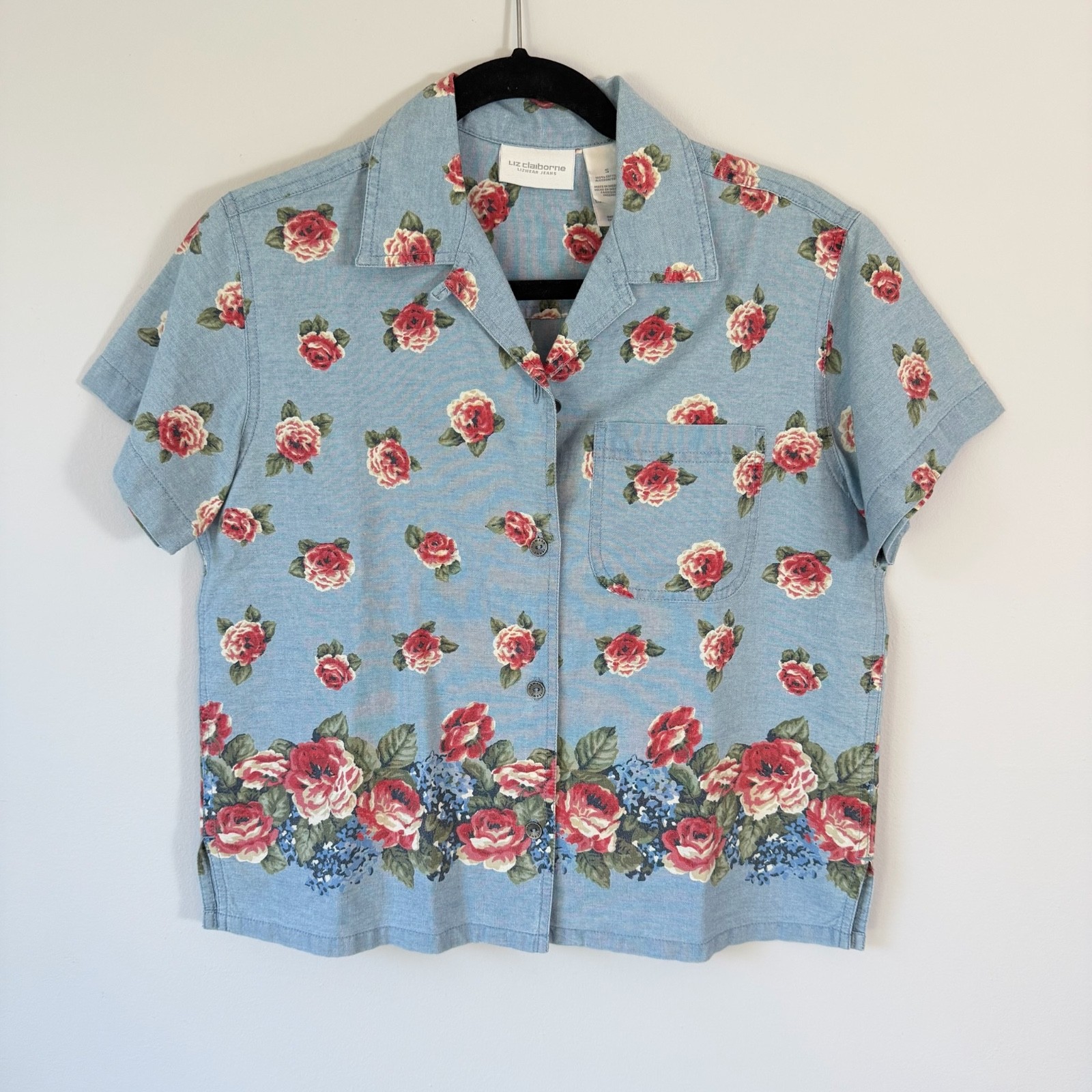 Vtg 90s Shirt Chambray Button Up Floral Cottagecore Roses Blue Cotton S/M