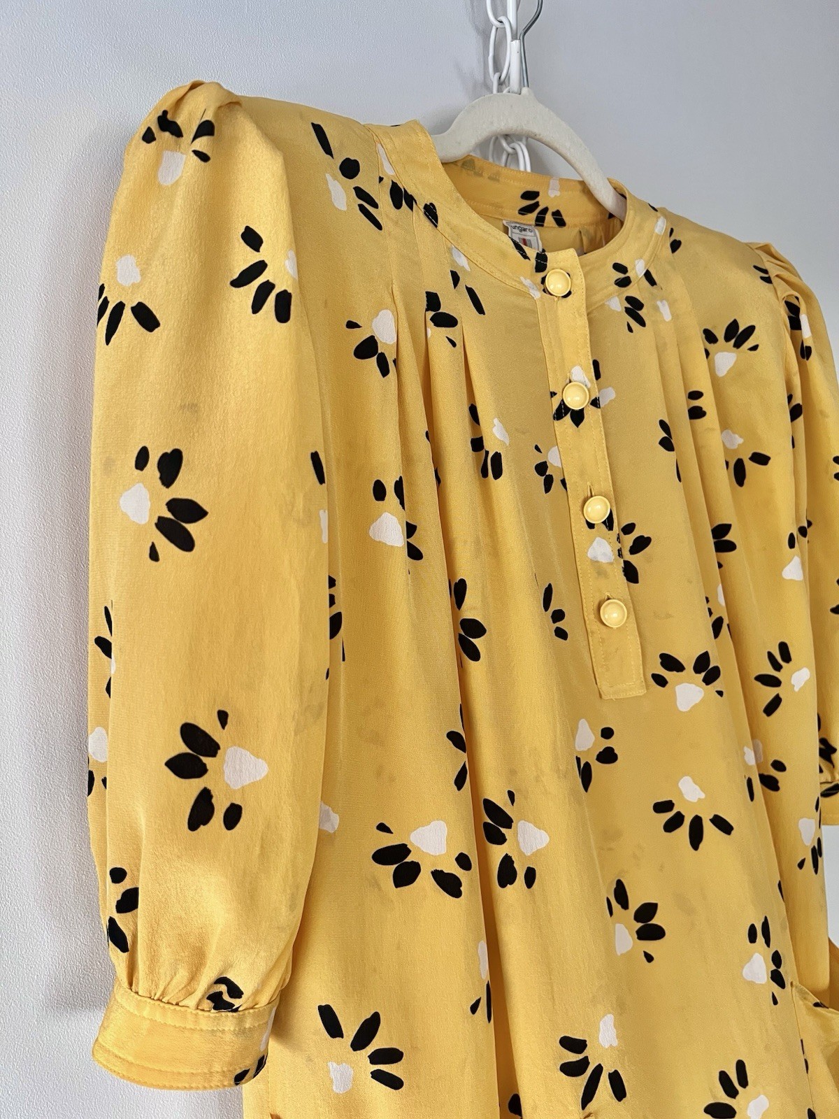 Vintage 80s Ungaro Solo Donna Italy Silk Puff Sleeve Mini Dress Yellow XS-M