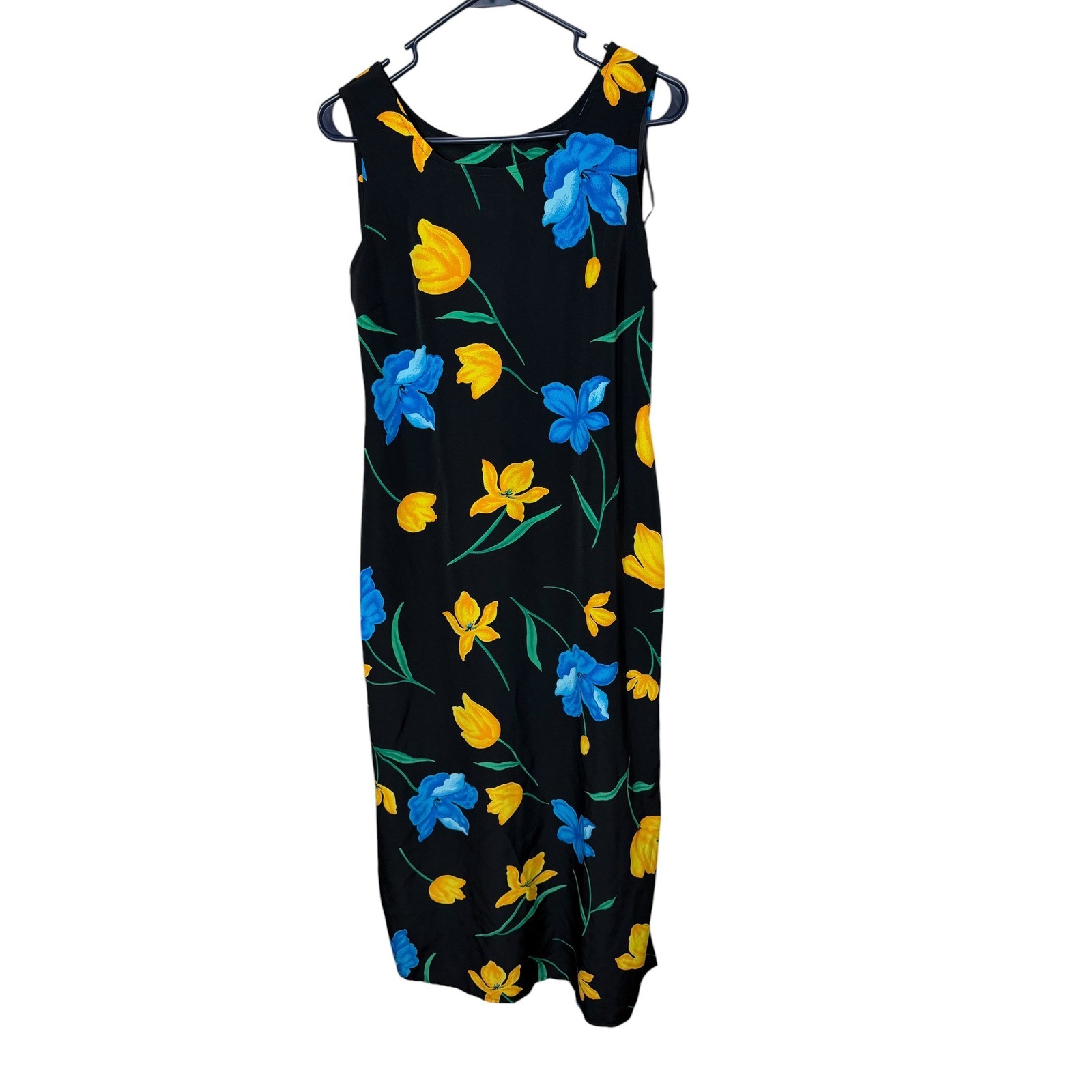 M.H.M. Melissa Harper Vintage Floral Tulip Midi Dress Black Blue Yellow Size 6