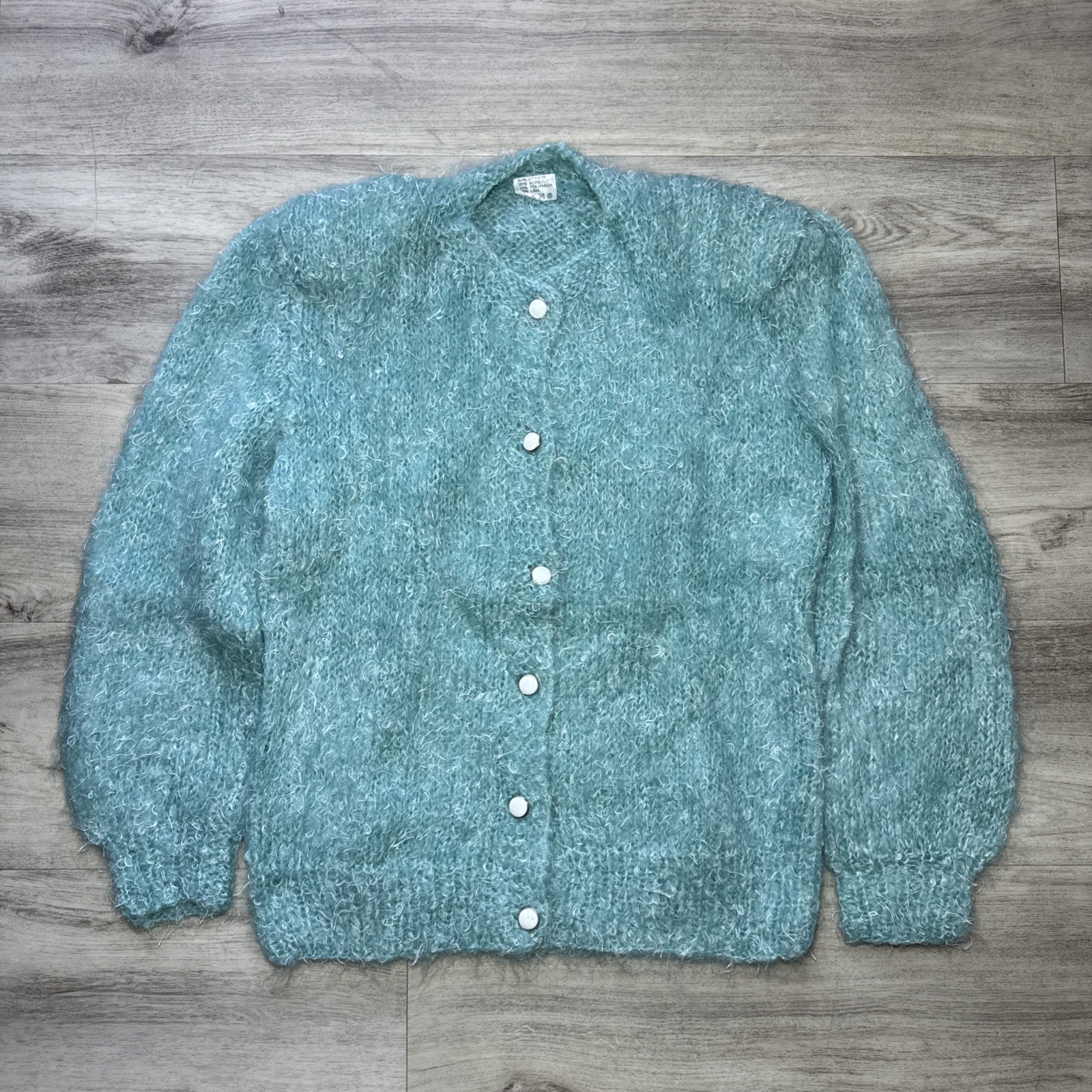 Vintage Mohair Blend Cardigan Sweater Aqua Blue W/Perl Button And Shoulder Pad