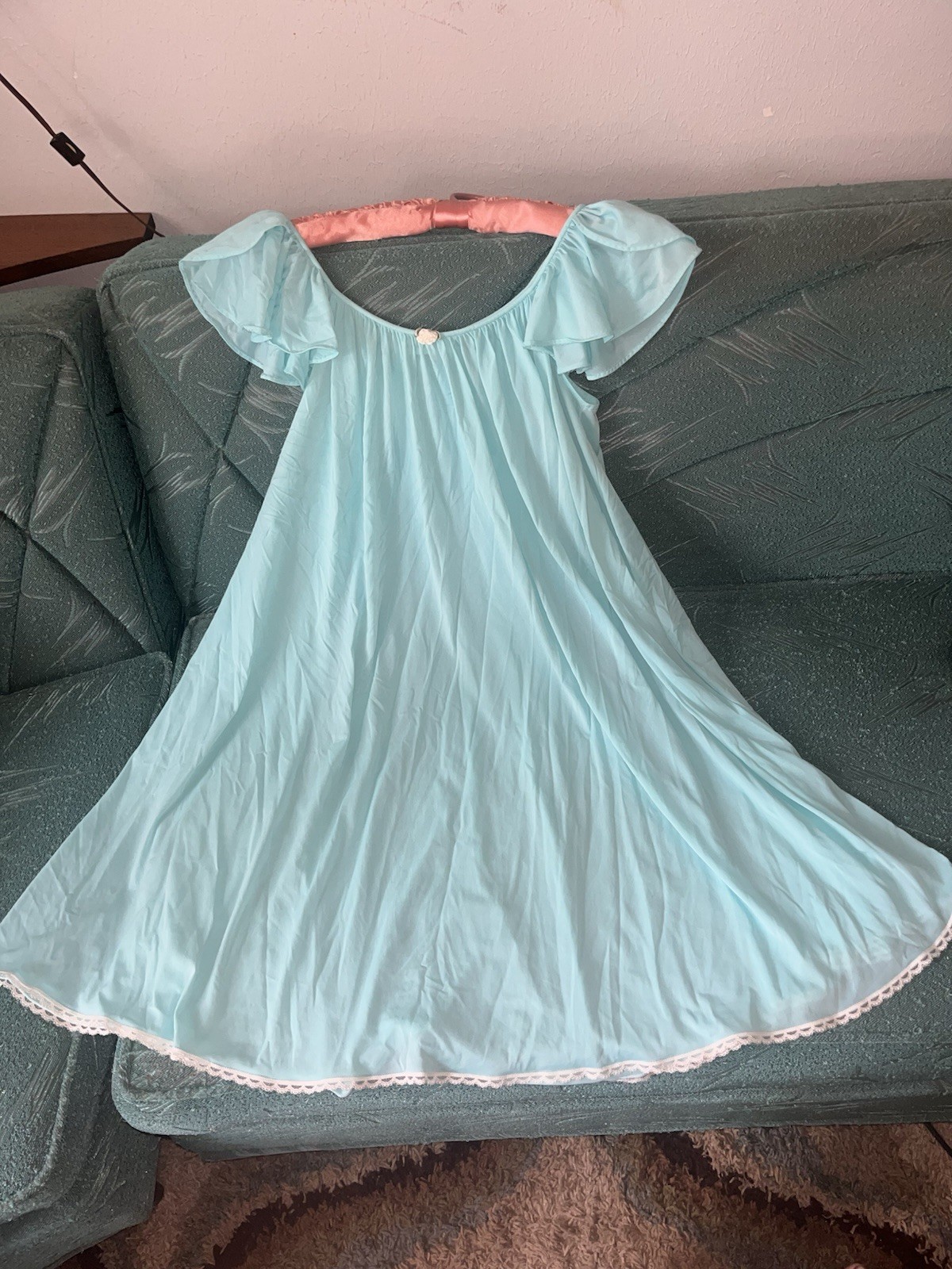 Vtg Miss Elaine Aqua Blue Nightgown Small Flutter Sleeve Babydoll White Lace