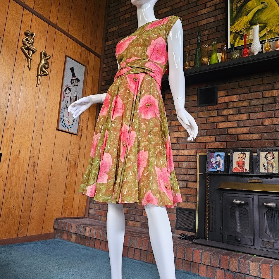 Vtg 40s Chiffon Pink & Green Impressionist Floral Full Swing Skirt w/ Bolero M