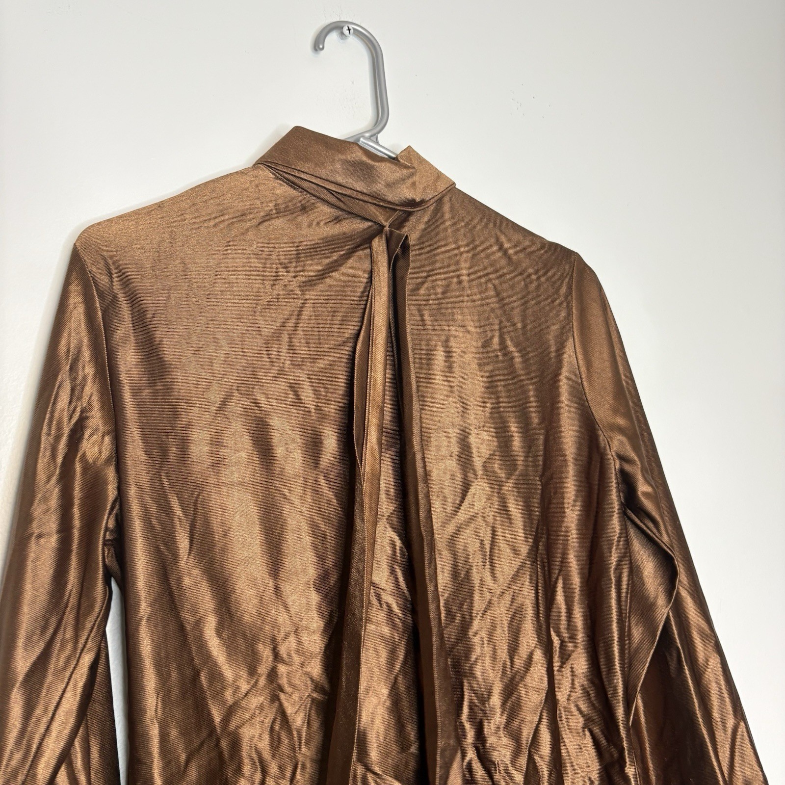 Vintage 70s 80s Copper Enkalure Blouse Womens M Neck Tie Button Retro Silky