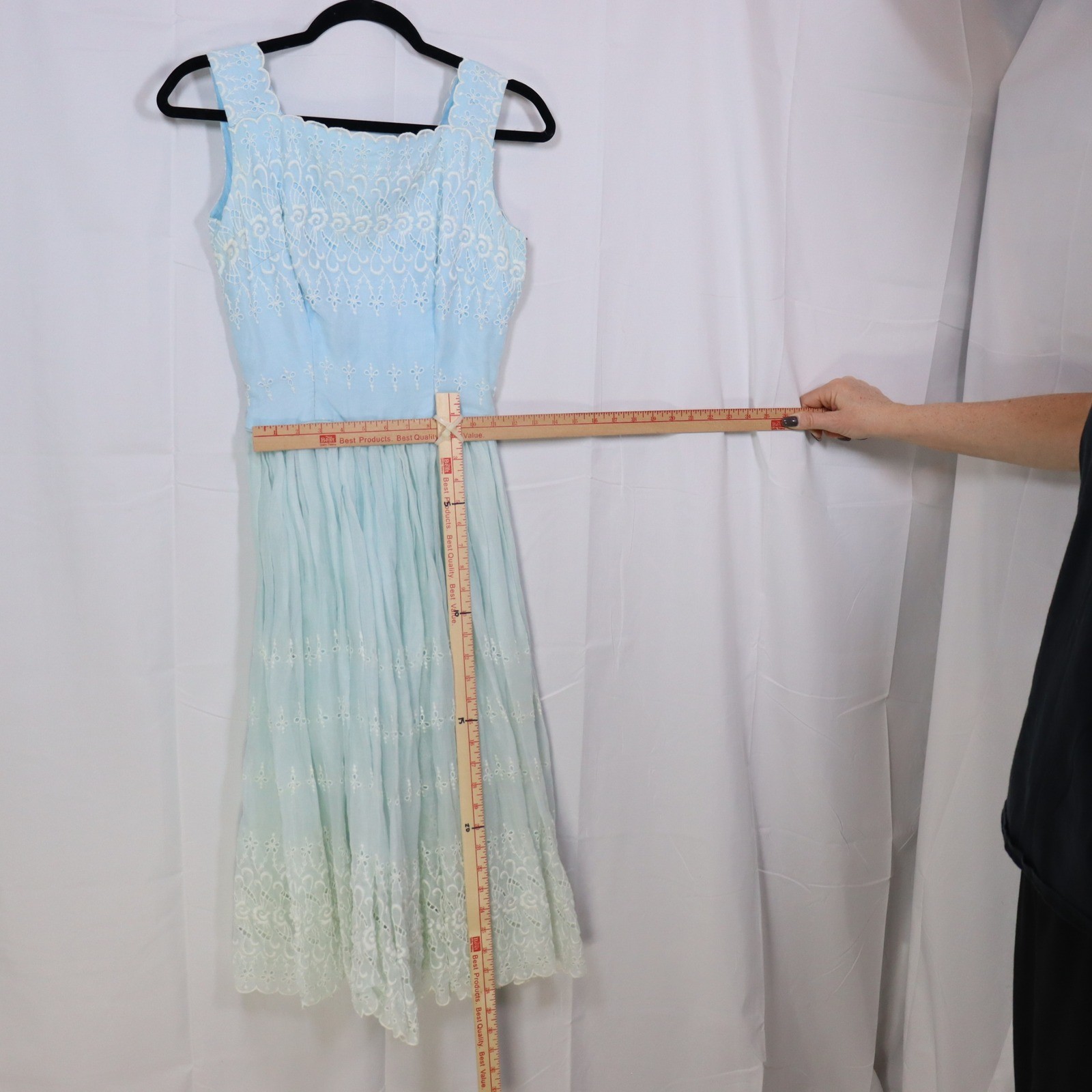 Vintage Eyelet Lace Midi Dress Womens XS Blue Embroidered Scalloped Tea Dress