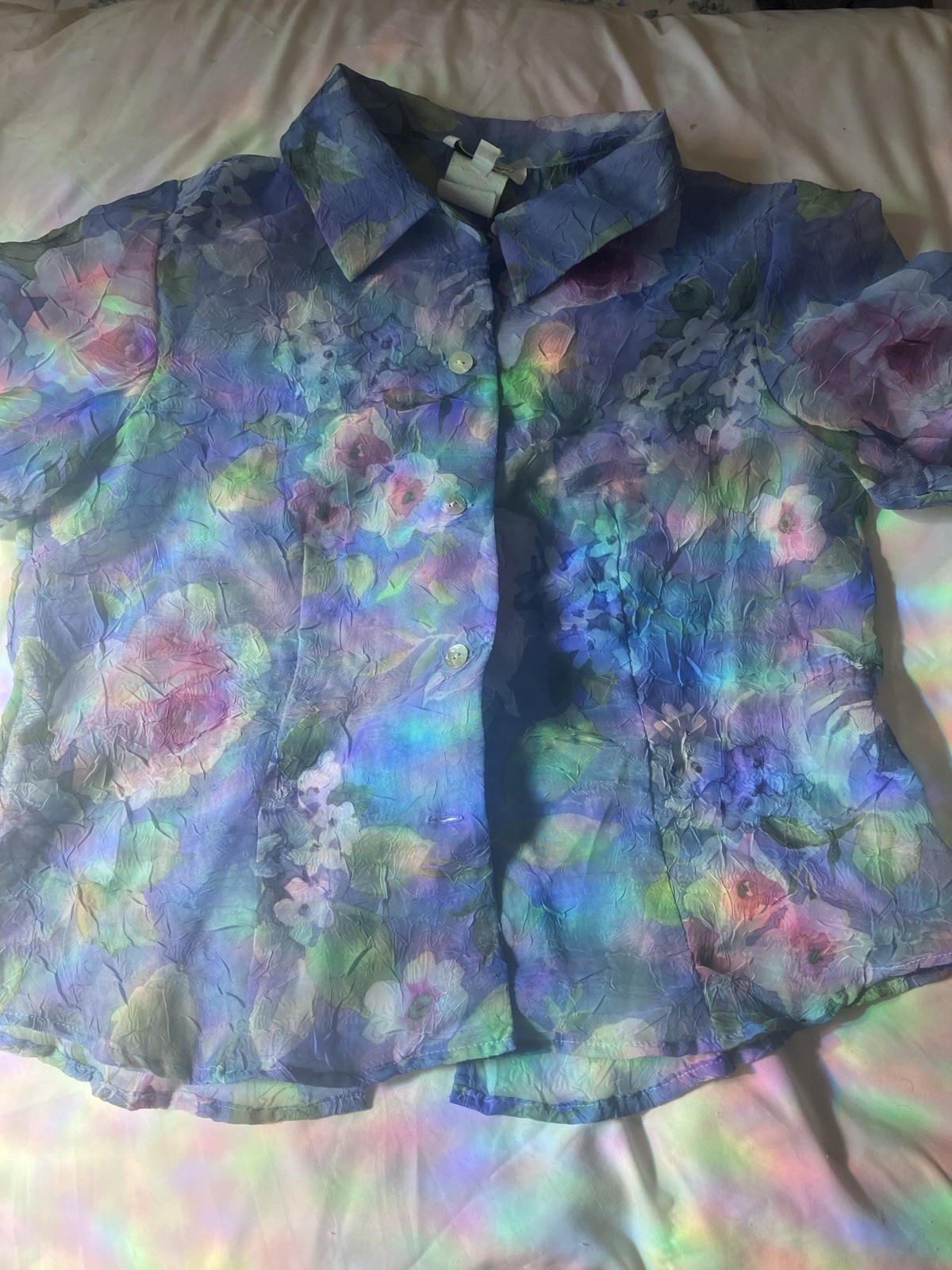 Miss Dorby 1980s Sheer Floral Short Sleeve Pearlescent Buttoned Collard Blouse