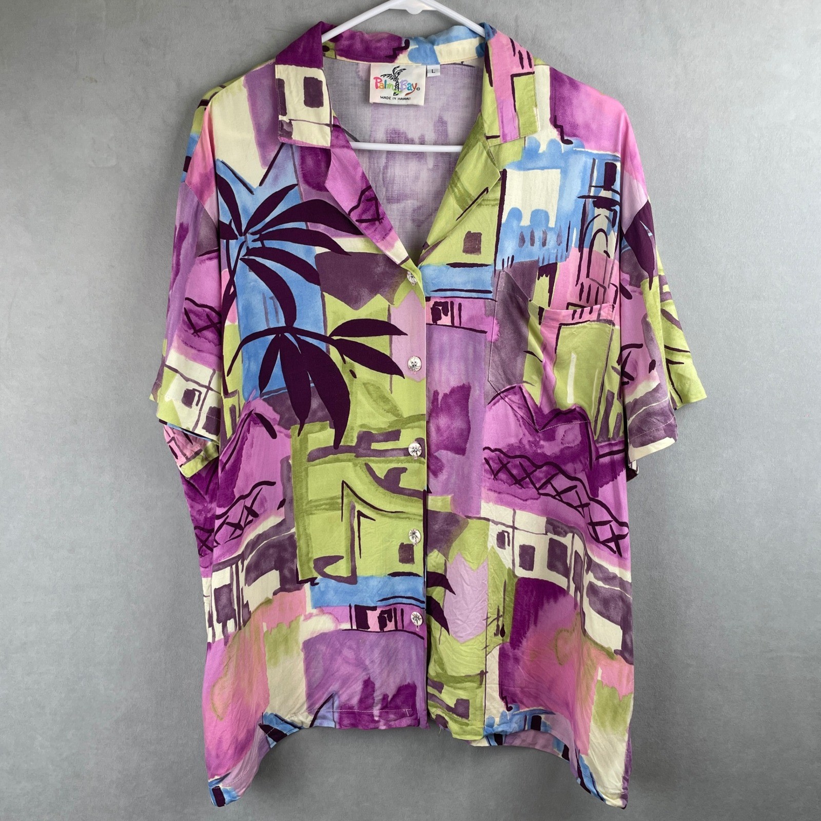 VTG Palm Bay Hawaiian Shirt Wmns L Purple Green Abstract Rayon Camp Made in USA