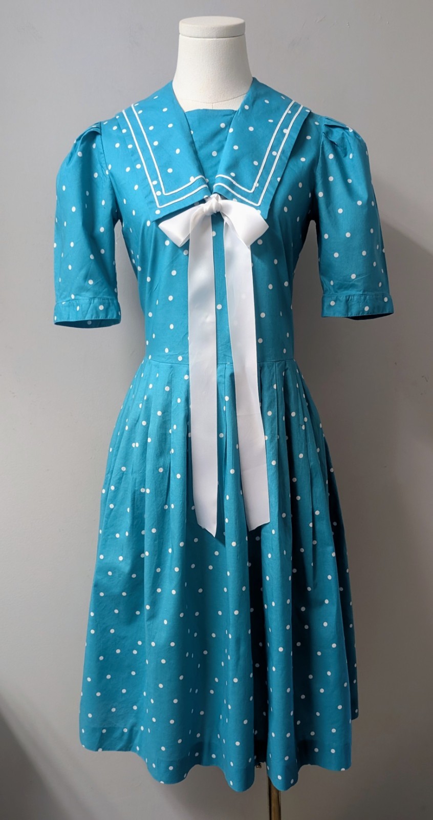Vintage 80&rsquo;s Laura Ashley Aqua Sailor White Polka Dot Dress Pockets GB US 6 S