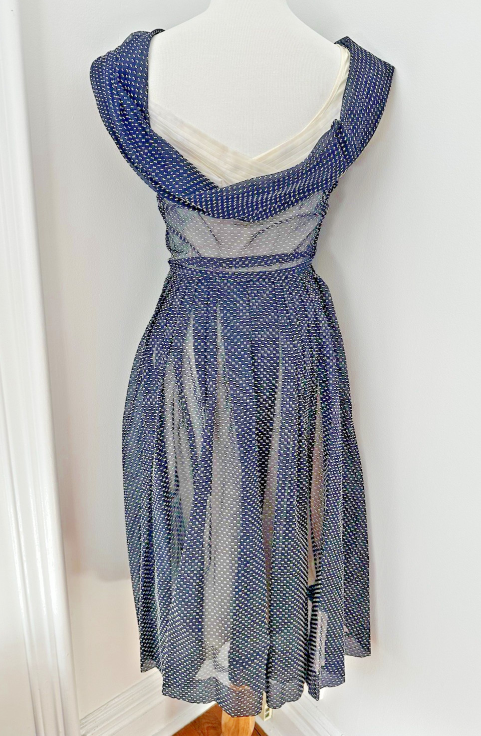 Vintage 1940s Blue Sheer Taffeta Flocked Dot Cocktail Dress White Slip Bow XS