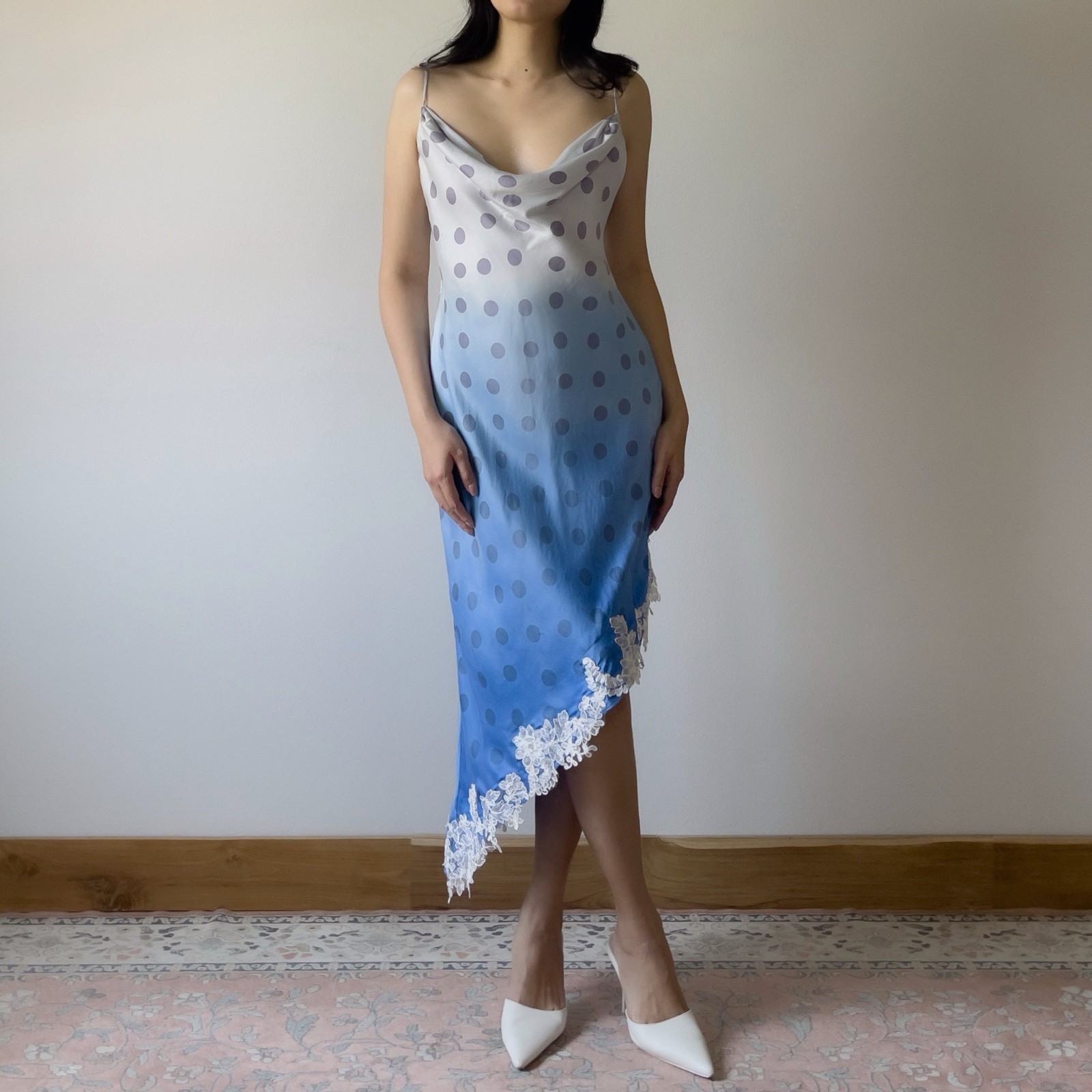 Vintage Pale Lavender & Hand-Dyed Blue Silk Polka Dot Slip Dress (S–M)
