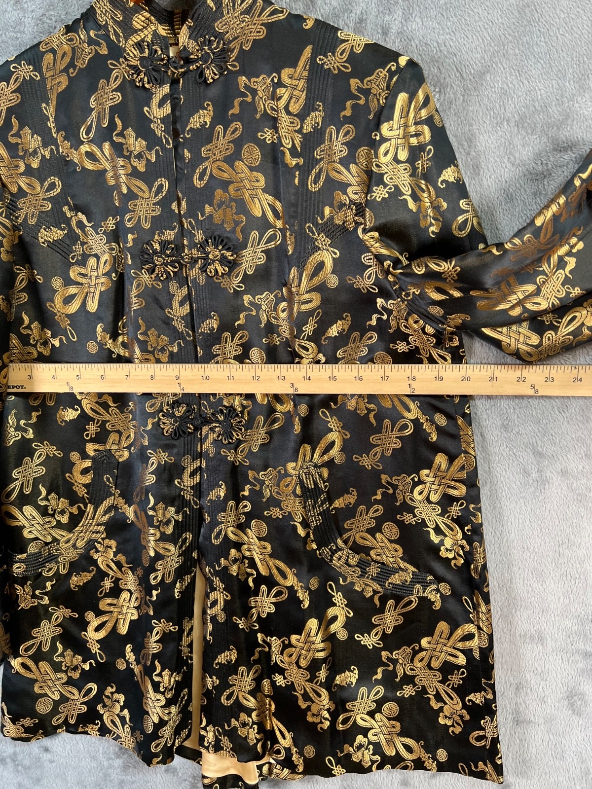 Dynasty Hong Kong Silk Jacket 16 20×28 Black Gold Mandarin Frog Closure Vtg 60s*