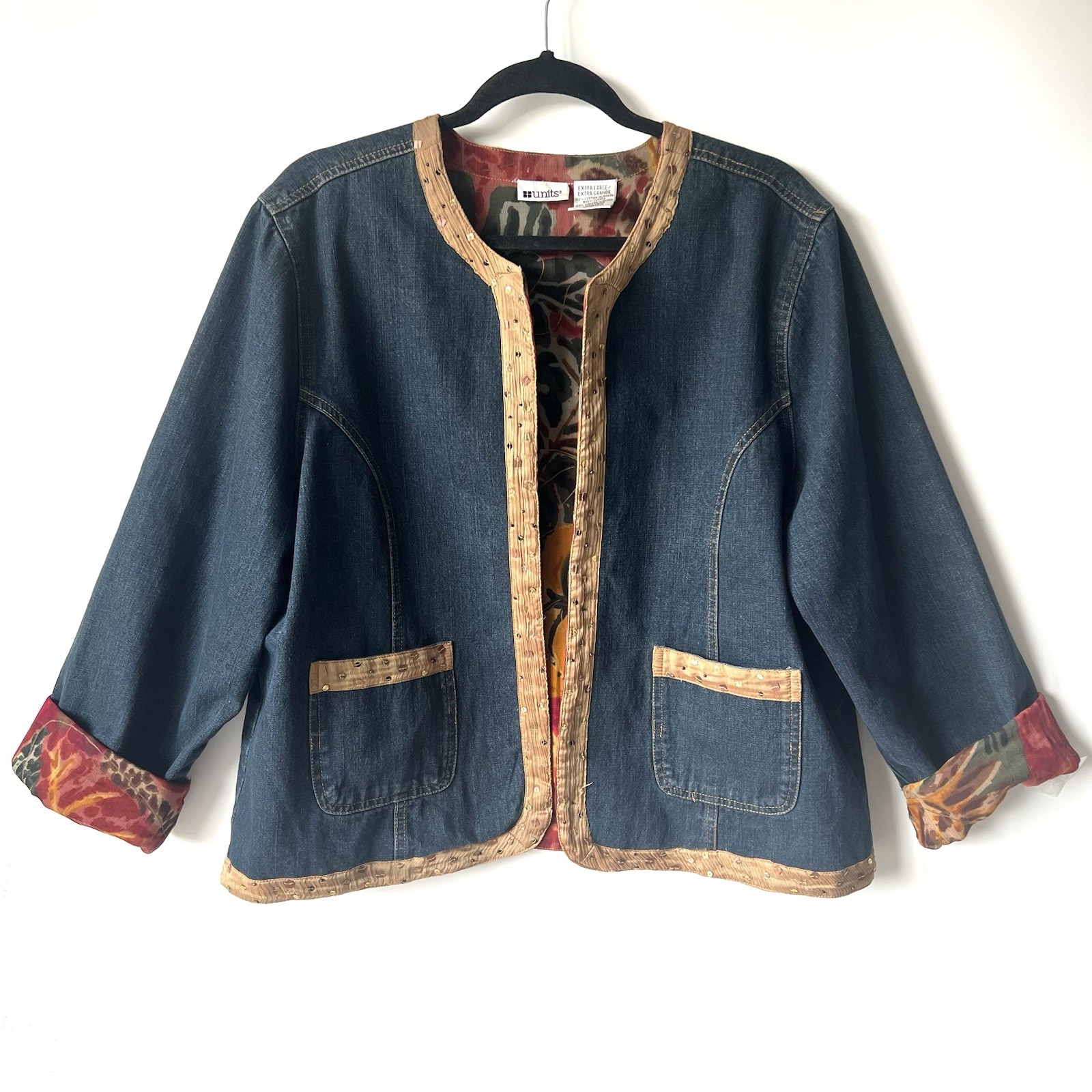 Vintage Units Denim Jacket Reversible Floral Art To Wear Sequins Womens XL FLAW