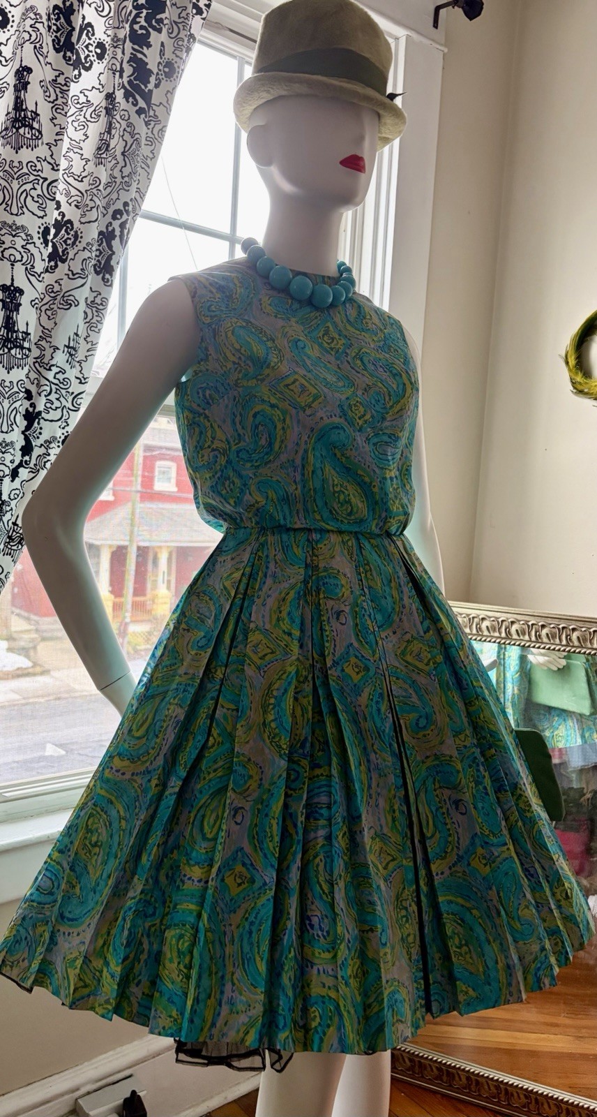 Vtg 50s 60s Bold Print Garden Party Dress Fit & Flair S 36/24 USA Union VLV 🔥