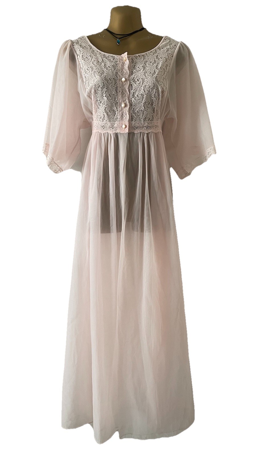 Vtg Textsheen Robe Peignoir Sheer Pink Lace 1960s MCM Long Romantic L Tie Back