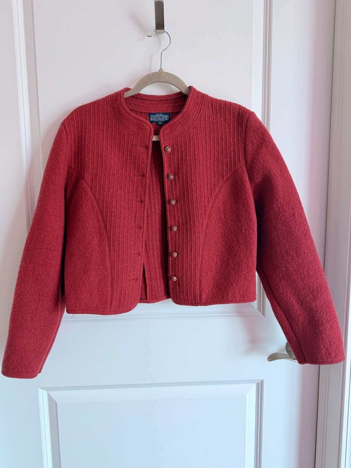 Lands End Wool Jacket Womens 14 Austria Boiled Wool Red Snap Cardigan