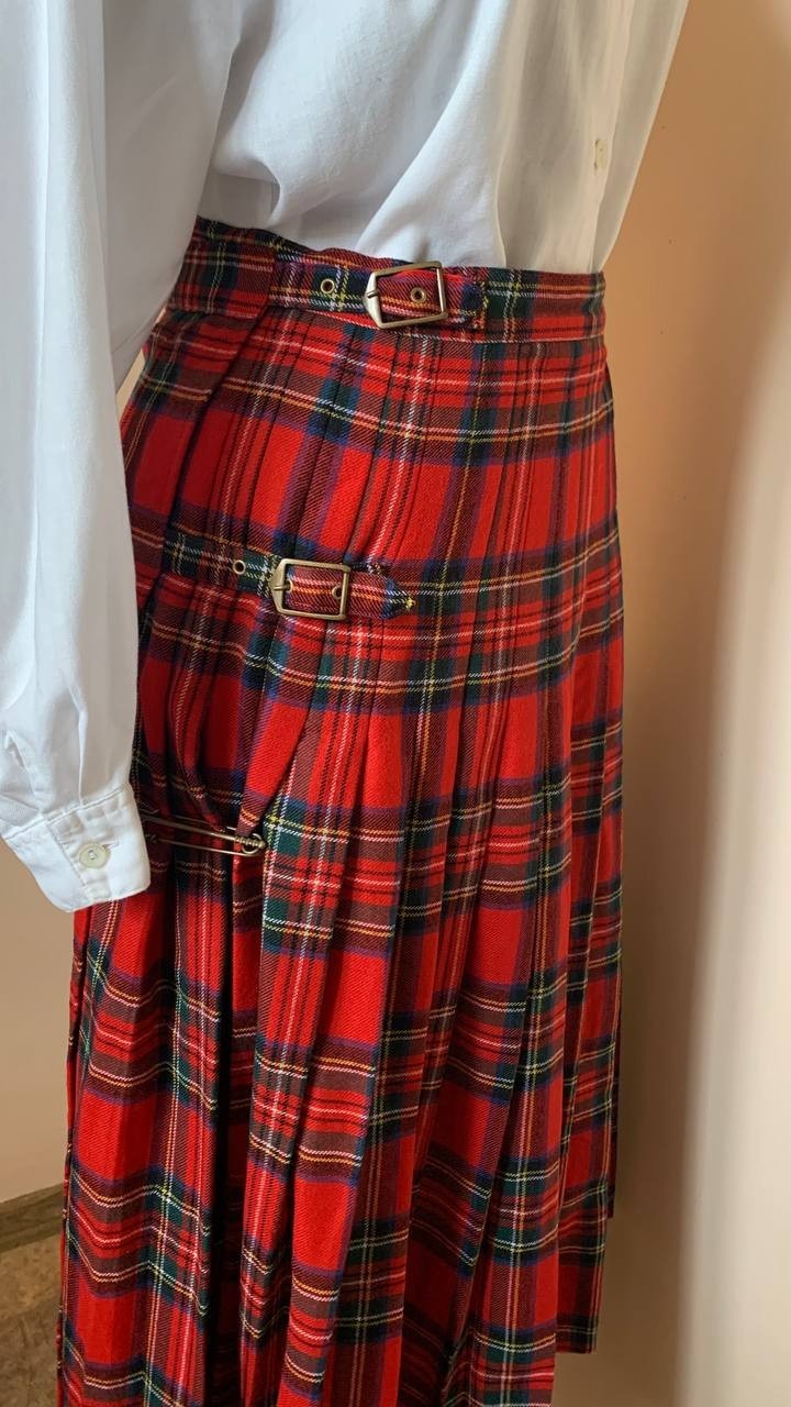 Vintage HIRSCH Scottish Kilt Skirt Pure New Wool Red Tartan Plaid Pleated EU 38