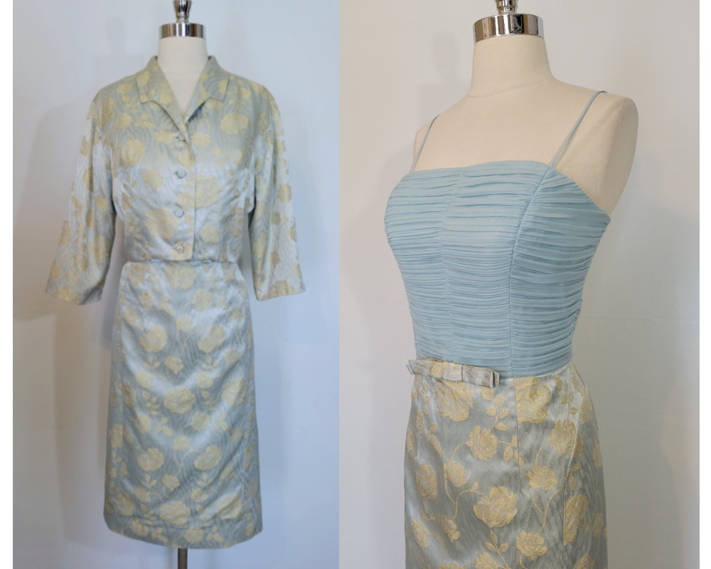 1950s 60s Blue Gold Metallic Silk 2 Pc Wiggle Dress & Jacket Set Medium