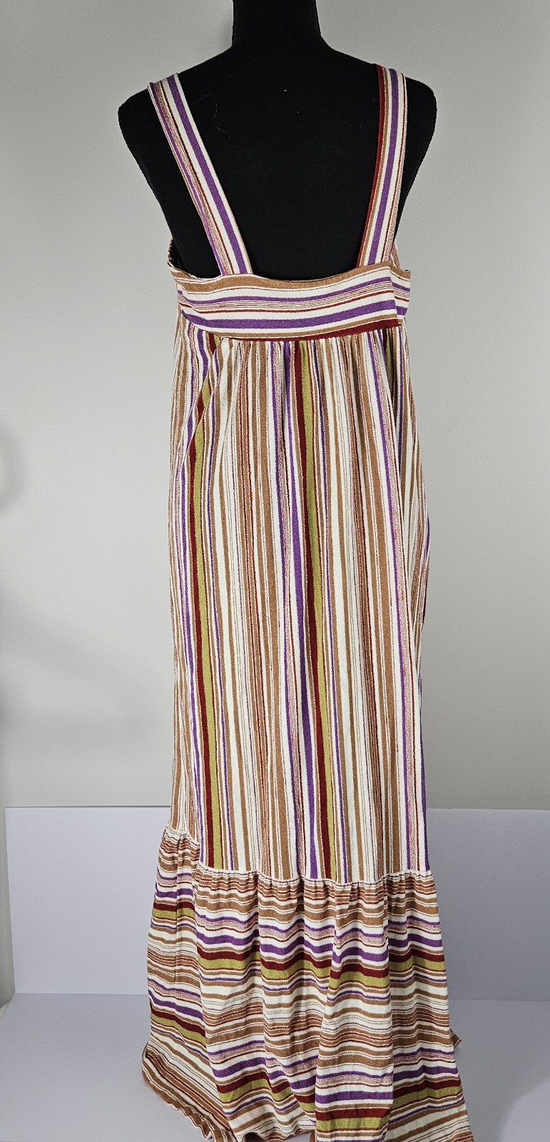 60s 70s Vertical Stripped Long Sundress Ruffled Skirt Cover up Boho Hippy Sz M