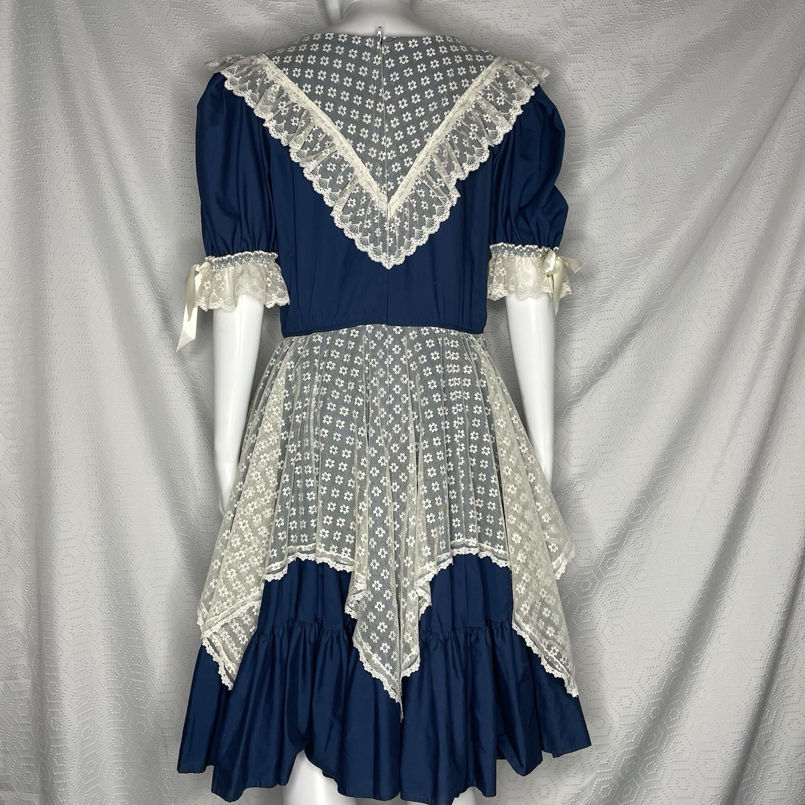 Partners Please Malco Modes Square Dance Dress 14 Blue White Lace Vtg Prairie