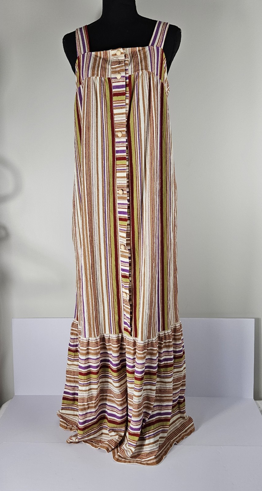 60s 70s Vertical Stripped Long Sundress Ruffled Skirt Cover up Boho Hippy Sz M