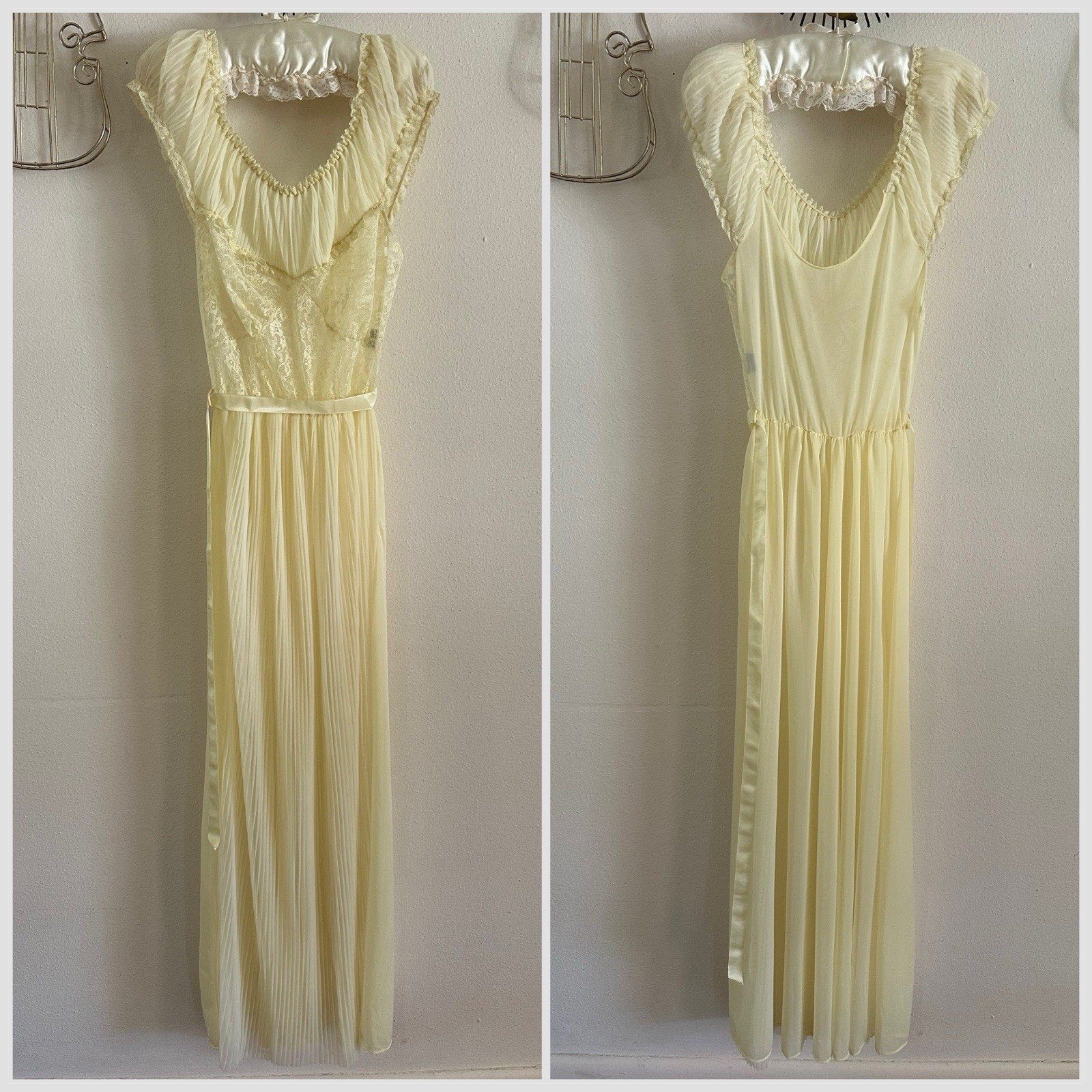 1970s Edwards Yellow Lace Nylon Gown Pleated Prairie Romantic Maxi Dress VTG