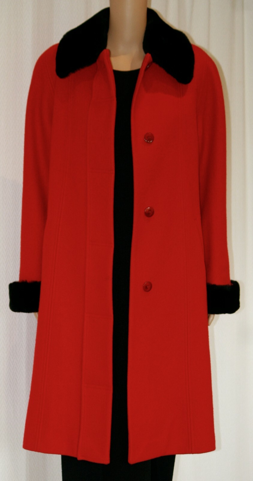 Candy Apple Red Charles Klein Midi Wool Coat w/ Black Faux Fur Collar Wms Med Lg