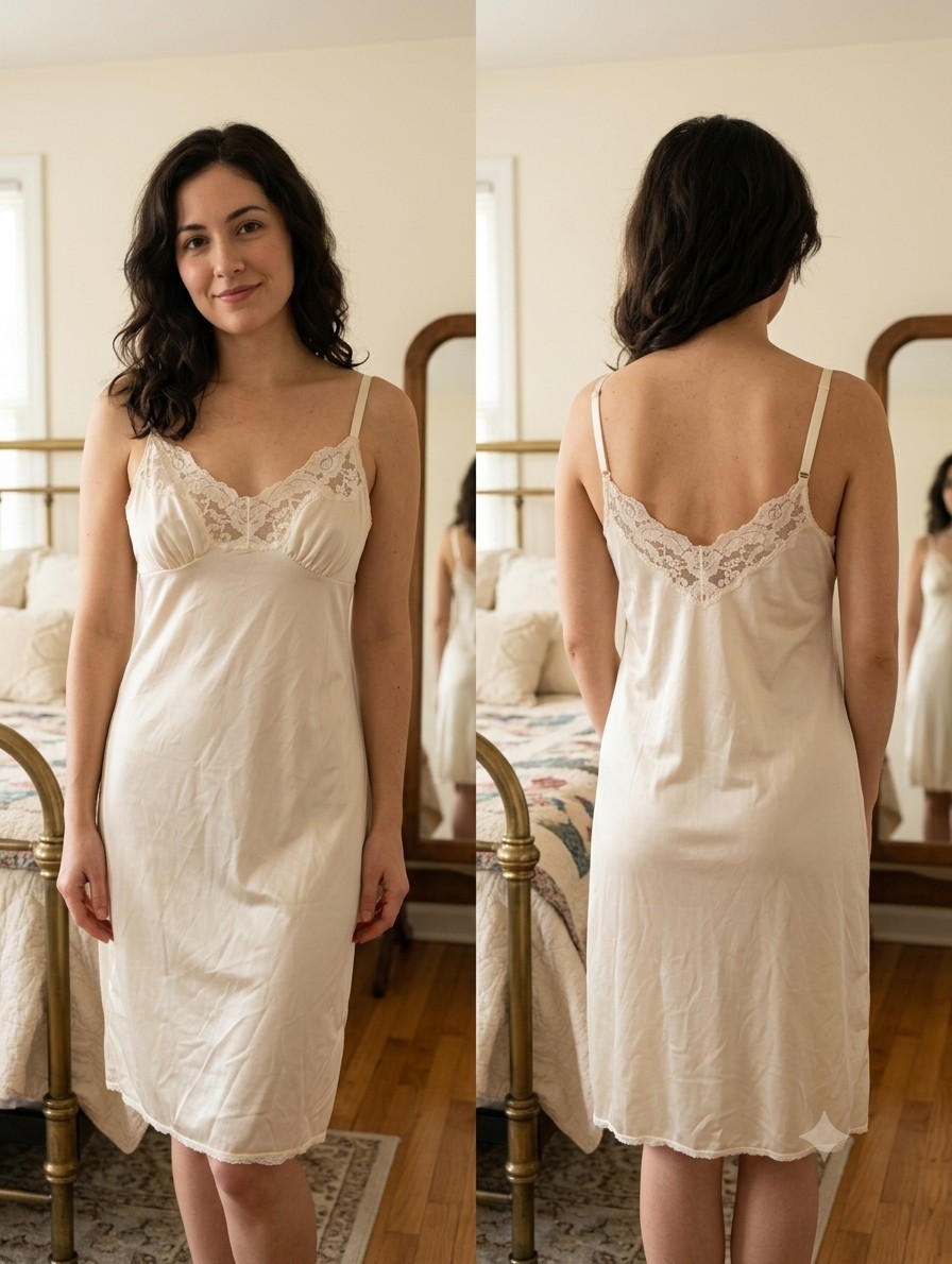 Vintage Vassarette Full Slip 38 10-105 White Nylon Lace Lingerie Dress 1980s