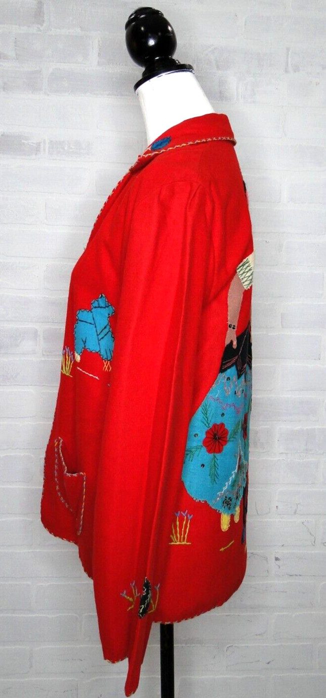 Vintage 40s jacket Wool Medium LOPEZ MEXICO Embellished FELT Couple On Back Red