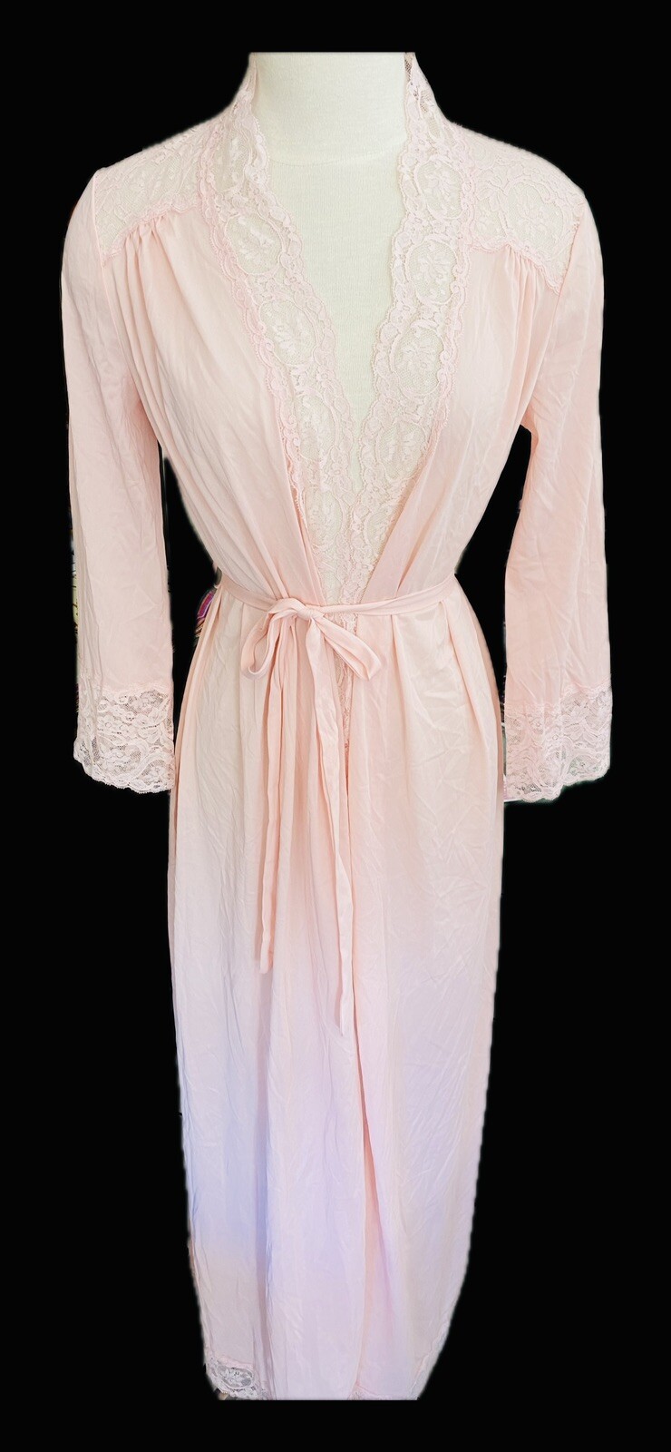 VTG OLGA 9702 Long Robe Peach, Pink Ivory Lace Belt Long Sleeves SZ M !