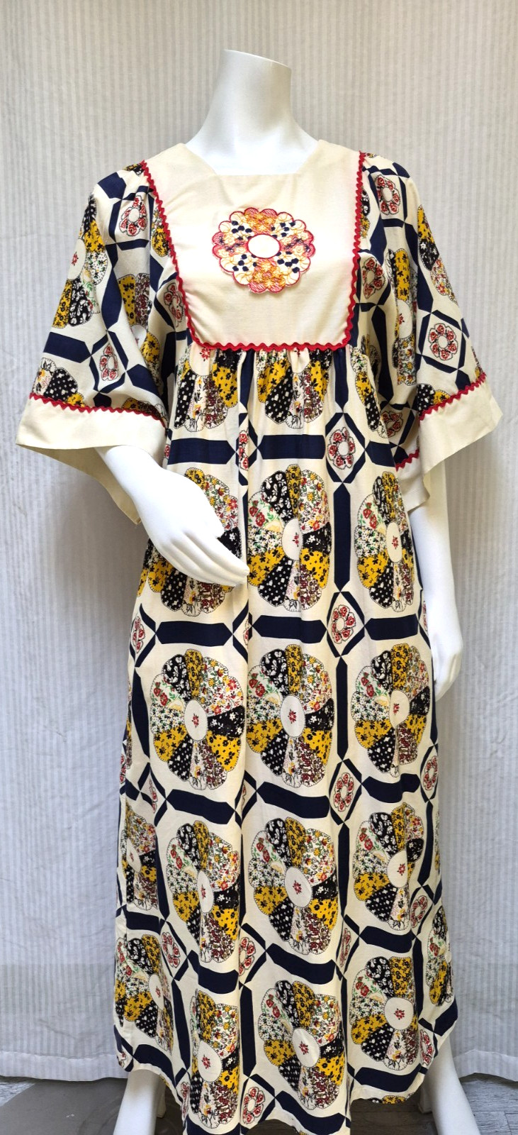 Vintage 60s JCPenney Hippy Patchwork Print Kaftan Maxi Dress Kimono Sleeve – S