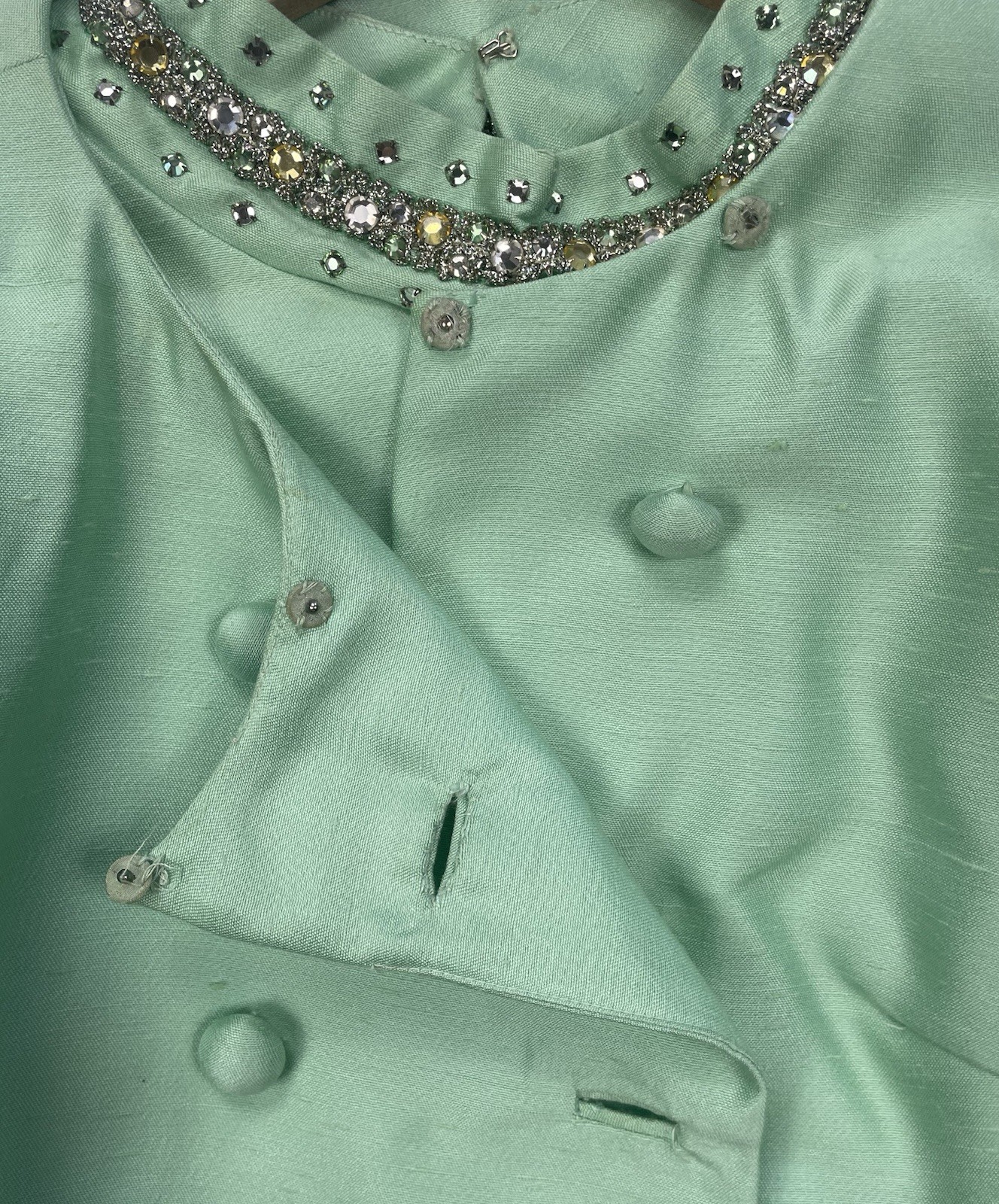 Vtg 60s Sakowitz Mint Green Dress Jacket Set Beaded Rhinestone Collar Suit Sz 12