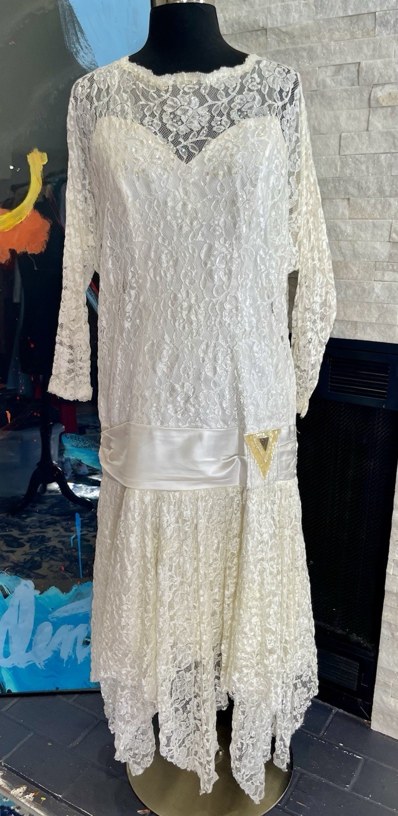 Vintage Victorian 80’s White Lace And Sequin Drop Waist Dress Asymmetrical Hem