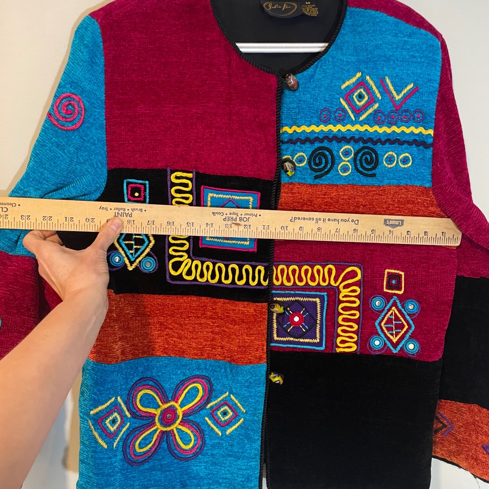 Julia Kim Vintage Art to Wear Patchwork Embroidered Jacket M Colorful Boho Indie