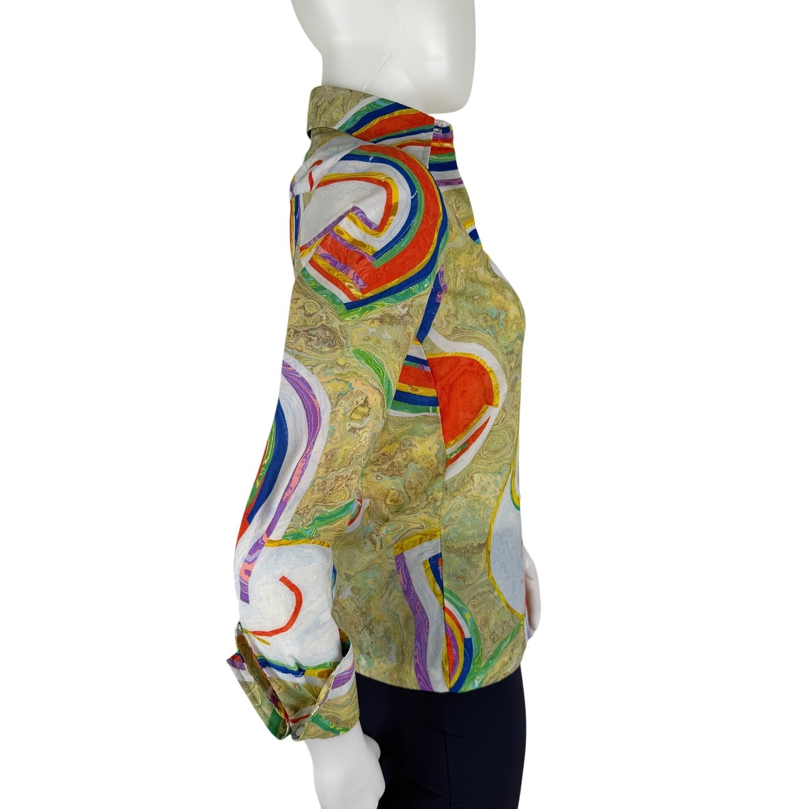 Vintage 70s Psychedelic Marble Print Button Front Blouse Mod